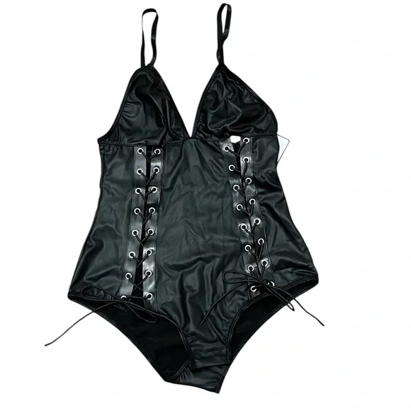 Sexy Faux Leather Teddy Lace up Bodysuit Lingerie: Small - Picture 5 of 5